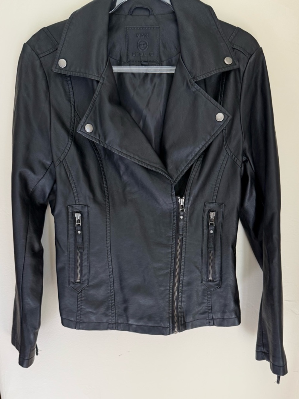 Max Studio Black Faux Leather Moto Jacket with Zip Pockets